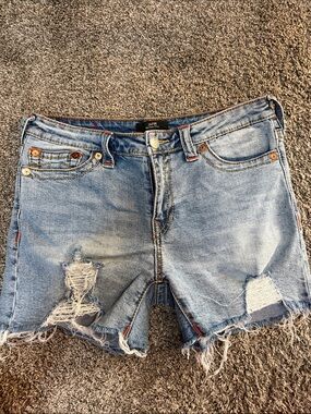 True Religion Light Wash Distressed Denim Shorts - Light Blue